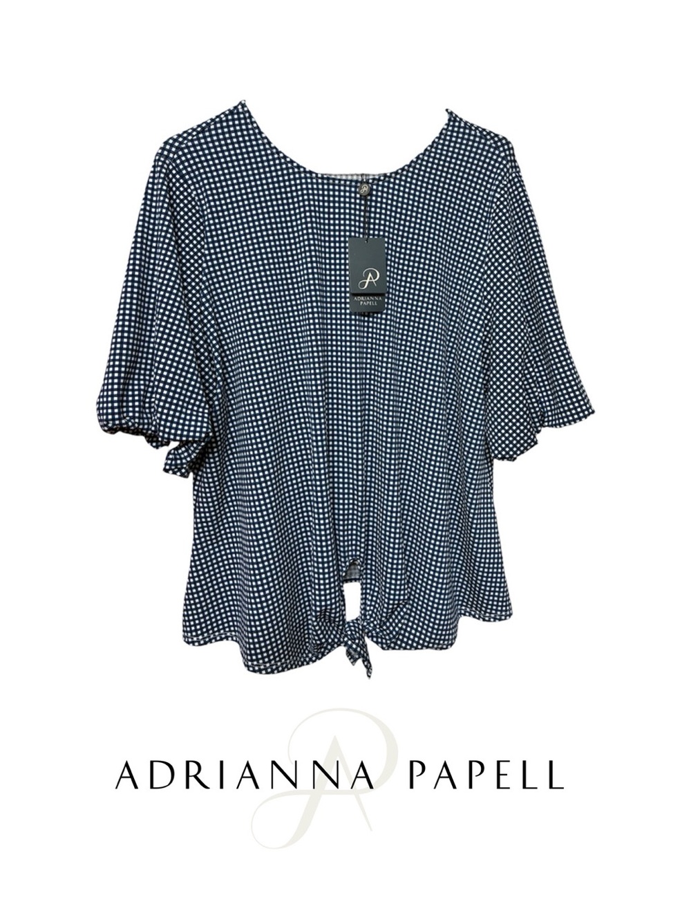 Adrianna Papell Navy & White Gingham Tie-Front Top